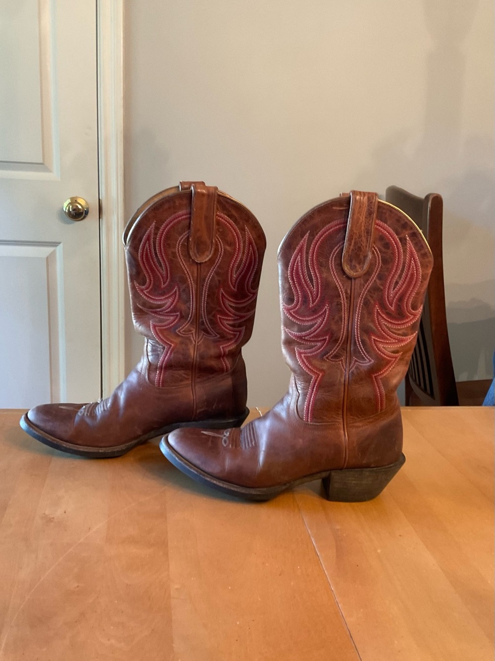 Shyanne Brown Leather Cowboy Boots with Red Stitching